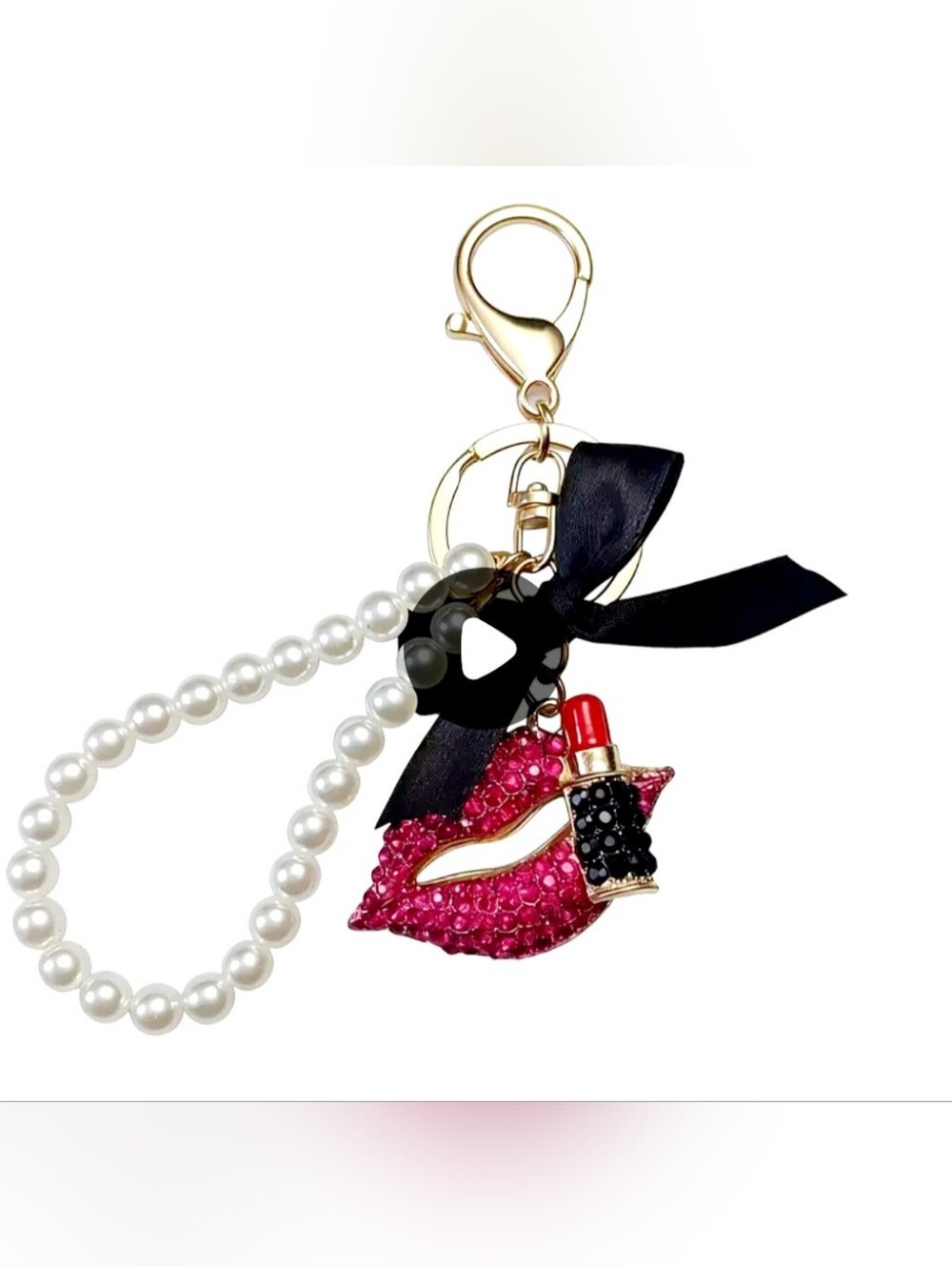 Lip & Lipstick Pearl Keychain Bag Charm with Black Bow - Picture 5 of 7